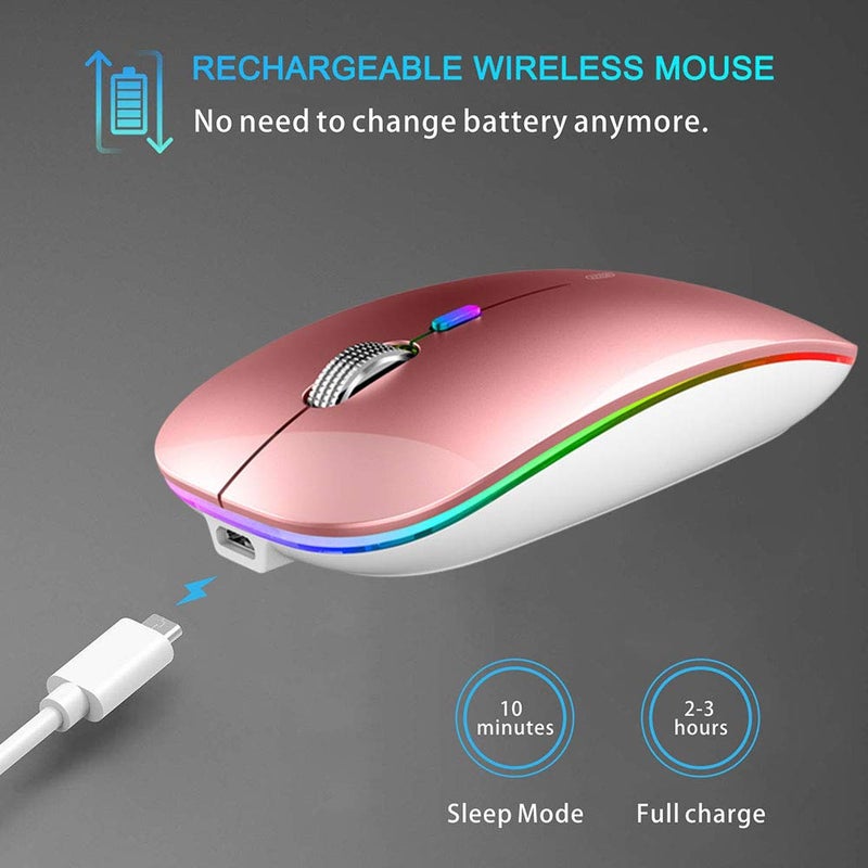 TENMOS Wireless Bluetooth Mouse, LED Slim (BT 5.1 + USB) 2.4GHz Rechargeable Silent Mouse with Type C Adapter for Laptop/MacBook/iPad OS 13 and Above (Rose Gold) - Image 4